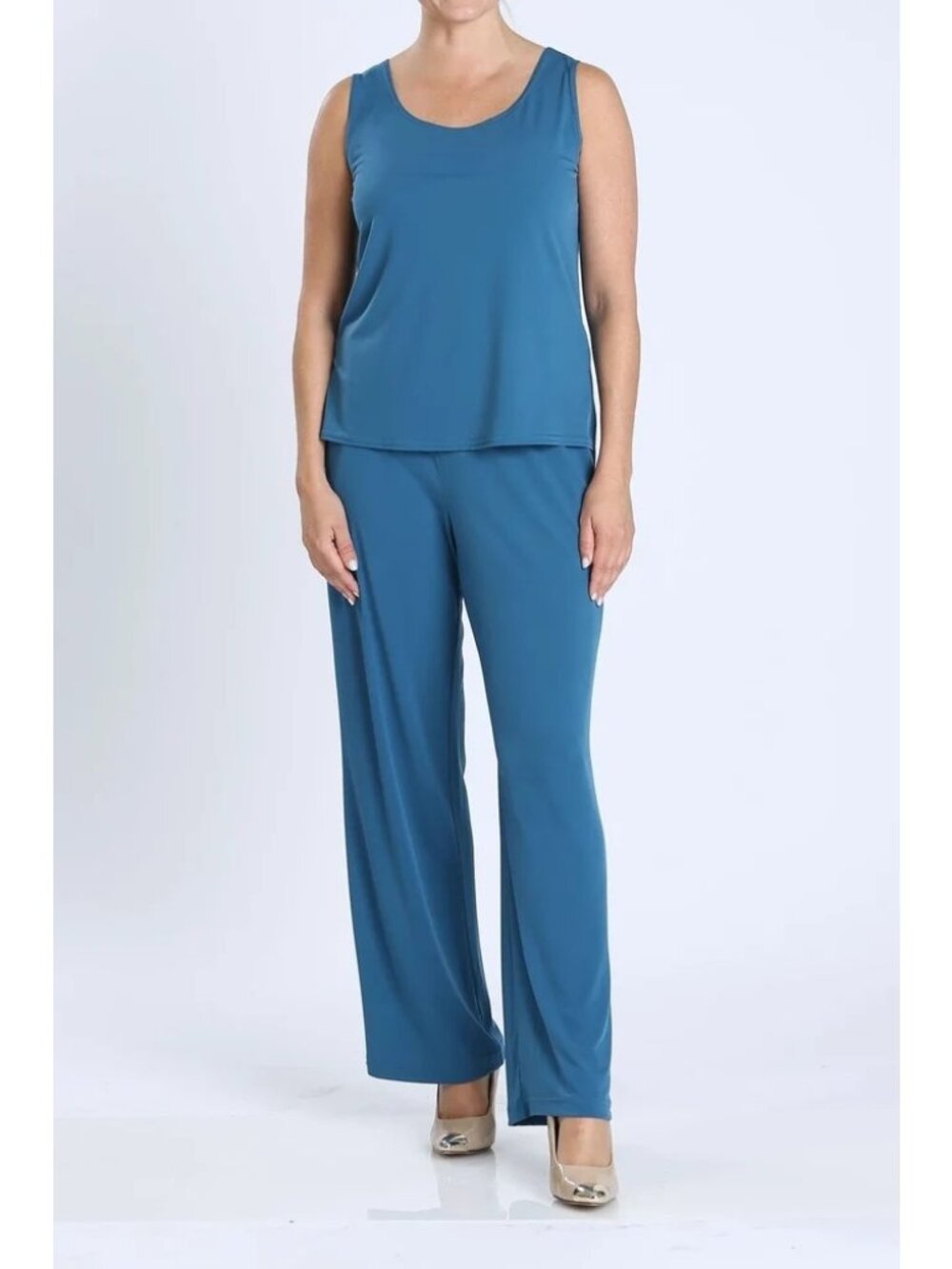 IC By Connie K Womens Sleeveless Top XL Wide-Leg L Pants Set Teal Blue Polyester